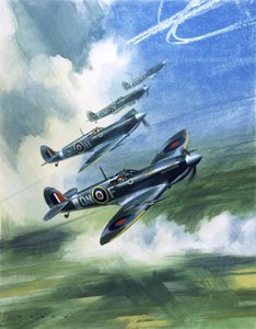 Volo di pattugliamento del 416 Squadron, Royal Canadian Air Force, Spitfire Mark 9s (gouache su carta) da Wilf (20th century) Hardy