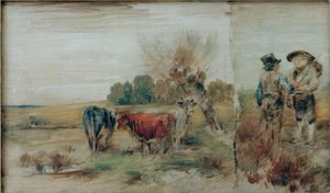 Doppia immagine: Mucche al pascolo, due contadini in conversazione da Wilhelm Busch
