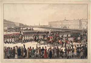 Una rassegna della fanteria russa sulla Piazza del Palazzo a San Pietroburgo da Wilhelm Kobell Ritter von