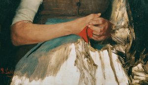 Due mani con panno rosso su grembiule blu da Wilhelm Maria Hubertus Leibl