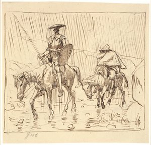 Don Chisciotte e Sancho Panza cavalcano sotto la pioggia