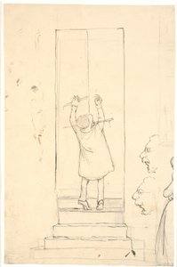 Un piccolo uomo si alza in punta di piedi per aprire una porta con un chiavistello. Schizzi di profili e donna da Wilhelm Marstrand