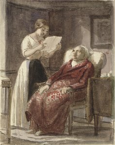 Una giovane ragazza legge una lettera ad alta voce a un vecchio in vestaglia rossa da Wilhelm Marstrand