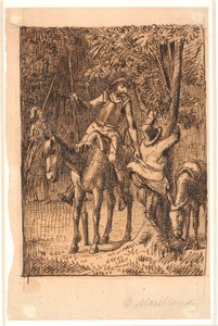 Prima della lotta con il cavaliere dello specchio, Don Chisciotte aiuta Sancho Panza a salire su un albero da Wilhelm Marstrand