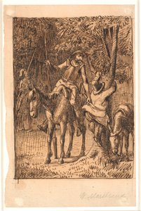 Prima della lotta con il cavaliere dello specchio, Don Chisciotte aiuta Sancho Panza a salire su un albero da Wilhelm Marstrand