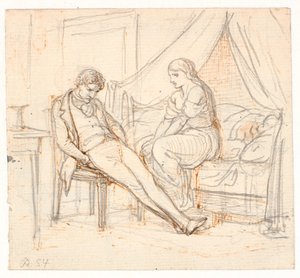 Interno con giovane uomo malinconico e una ragazza su un letto da Wilhelm Marstrand