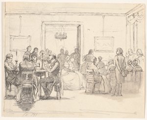 Scena di società di Copenaghen, a sinistra giocatori di carte, a destra si suona musica da Wilhelm Marstrand