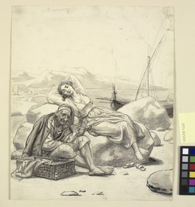 Ragazza dormiente e vecchio pescatore sulla spiaggia