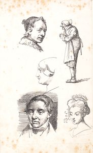 Foglio di studio con due teste maschili, due teste femminili e un uomo in piedi da Wilhelm Marstrand