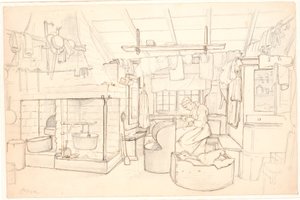Casa contadina svedese con donna che cuce da Wilhelm Marstrand
