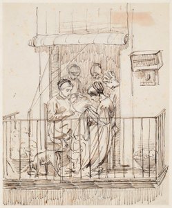 Donne che cuciono su un balcone