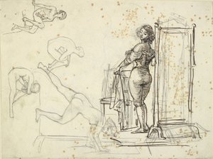 Giovane ragazza che si veste e quattro studi di modelli
