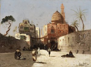 Scena di strada orientale con moschea, minareto e mercanti su una piazza. da Wilhelm Sohn
