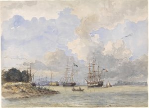 Maas davanti a Rotterdam, con una nave americana e una svedese da Willem Anthonie van Deventer