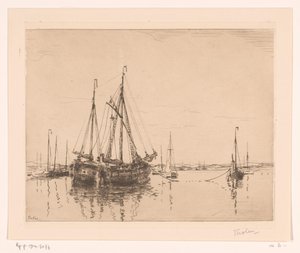 Porto con nave a due alberi ormeggiata da Willem Bastiaan Tholen (signed by artist)