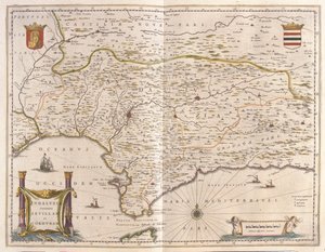 Andalusia e città di Siviglia, Stretto di Gibilterra, in "Theatrum Orbis Terrarum, sive Atlas Novus" di Willem Blaeu, Amsterdam