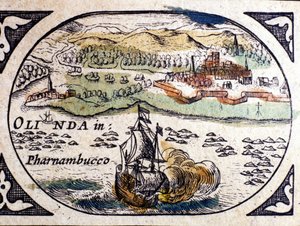 Brasile, vista di Pernambuc (Recife), Atlante di W. G. Blaeu, Amsterdam 1600