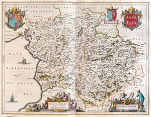 Montgomery e merioneth, in "Theatrum Orbis Terrarum, sive Atlas Novus", di Willem Blaeu, Amsterdam.