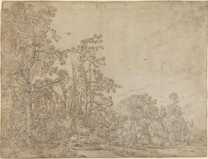 Stagno nel bosco con pescatore da Willem Buytewech