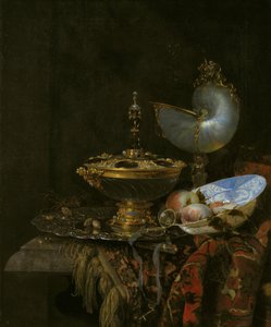 Natura morta con coppa di Holbein, coppa di Nautilus, bicchiere e piatto di frutta da Willem Kalf