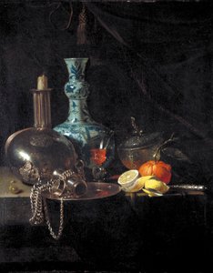 Natura morta con una fiasca da pellegrino, candeliere, vaso di porcellana e frutta