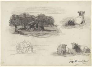 Quattro schizzi di carri di fieno e mucche