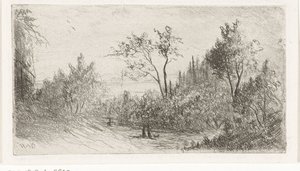Paesaggio collinare con passeggiatori e cane al margine del bosco da Willem Matthias Jan van Dielen