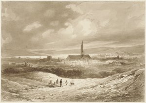 Vista dalle colline su una città vicino a un lago da Willem Pieter Hoevenaar