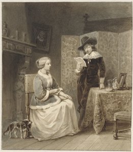 Interno storico con donna seduta e uomo in piedi che legge da Willem Pieter Hoevenaar