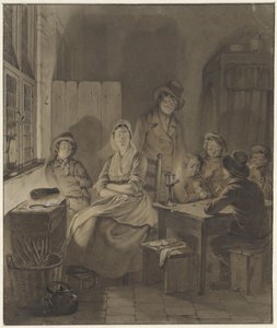 Interno con gruppo di persone intorno a un tavolo alla luce delle candele da Willem Pieter Hoevenaar