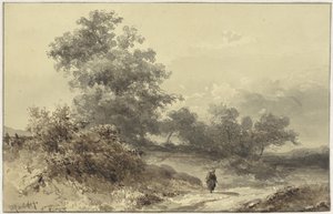 Paesaggio con boschetto e una figura su una strada di campagna