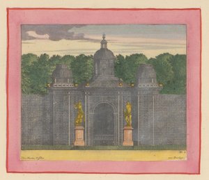 Pavillon aus Lattenwerk mit Musikerstatuen in den Gärten von Versailles da Willem Swidde