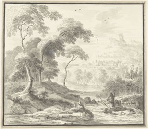 Paesaggio idilliaco collinare con donne vicino a un ruscello da Willem Troost (I)