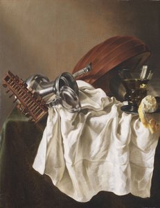 Natura morta con liuto, brocca in peltro, bicchiere da vino e limone da Willem Van Odekercken