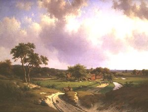 Un ampio paesaggio con una fattoria e contadini su un sentiero da Willem Vester