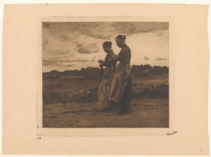 Due magliaie in piedi in un paesaggio a Ede da Willem Witsen (signed by artist)