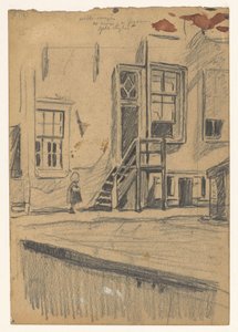 Ragazza vicino a una scala di legno, muro del molo da Willem Arnoldus Witsen