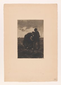 Donna e ragazzo con zoccoli e un sacco di juta nel campo Raccolta di patate (titolo originale)