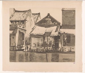 Case lungo un fiume a Batavia con una donna che lava i vestiti da Willem Arnoldus Witsen