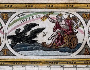 Rappresentazione del Dio Giove che combatte aquile nere sul suo carro (incisione) in "Le Theatre du Monde" da Willem and Joan  Blaeu