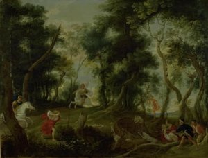 Paesaggio con Atalanta e Meleagro che cacciano il cinghiale calidonio da Willem van Herp