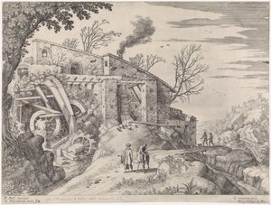 Paesaggio con un mulino ad acqua e il buon samaritano