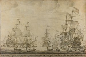 Consiglio di guerra a bordo della nave ammiraglia De Zeven Provinciën di Michiel Adriaensz de Ruyter, 10 giugno 1666, prima della Battaglia dei Quattro Giorni: episodio della Seconda guerra anglo-olandese da Willem van de Velde (I)