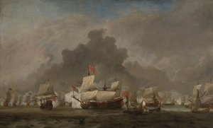 Battaglia navale tra Michiel Adriaensz de Ruyter e il Duca di York sulla Royal Prince durante la Battaglia di Solebay, 7 giugno 1672: episodio della Terza Guerra Anglo-Olandese da Willem van de Velde (II)