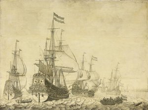 Marina con navi da guerra olandesi tra cui la Drenthe e il Principe Federico Enrico da Willem van de Velde