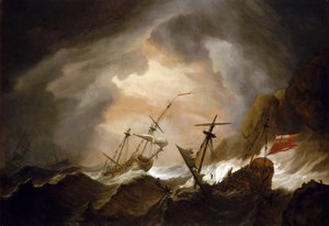 Due navi britanniche naufragano nella tempesta vicino a una costa rocciosa. Olio su tela, intorno al 1700, di Willem van de Velde (1633-1707). da Willem van de Velde the Younger