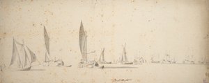 Una tochtschuit, wijdschips e waterschips con una leggera brezza da Willem van de the Elder Velde