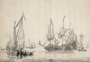 Barche a vela e una fregata olandese che asciuga le vele. Disegno e lavaggio di William van de Velde l
