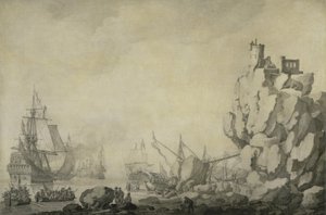 Navi e milizia su una costa rocciosa da Willem van de the Elder Velde