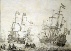 Due navi mercantili della Compagnia Olandese delle Indie Orientali, che lasciano la riva con venti calmi. Grisaille su legno da Willem van de the Elder Velde